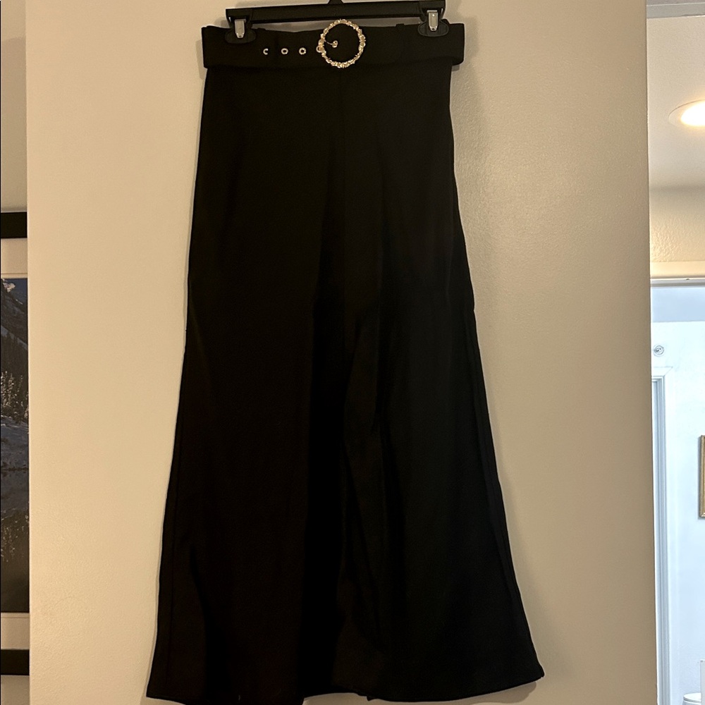 Zimmermann Black Linen Skirt with Gold Buckle belt.